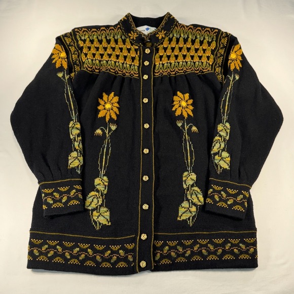Maureen Goldie Design Sweaters - Maureen Goldie Design Scotland Black Floral Fair Isle Smocked Cardigan Sweater
